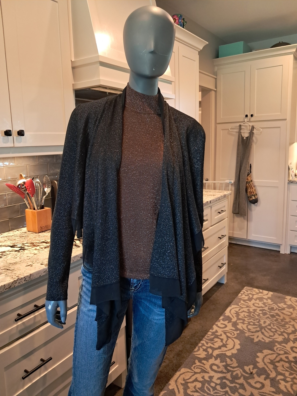 Women's Black Metallic Open-Front Draped Cardigan